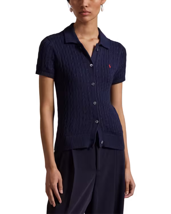 Cable Cotton Short-Sleeve Polo Cardigan