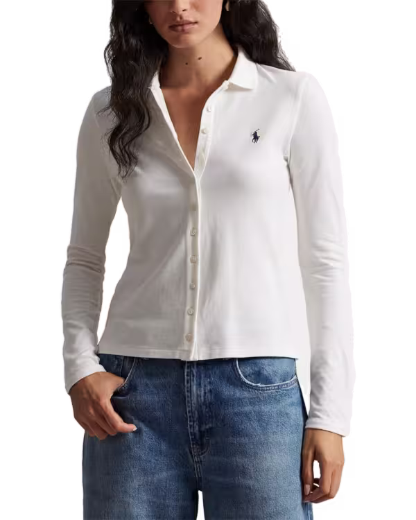Buttoned-Placket Long-Sleeve Polo Shirt